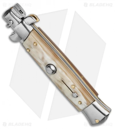Frank B. 7.5" Italian Stiletto Automatic Knife Honey Horn (3.5" Polish Flat) - Image 2