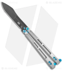 EOS Trident Balisong Butterfly Knife Satin Titanium W/ Blue (4.5" Black S30V)