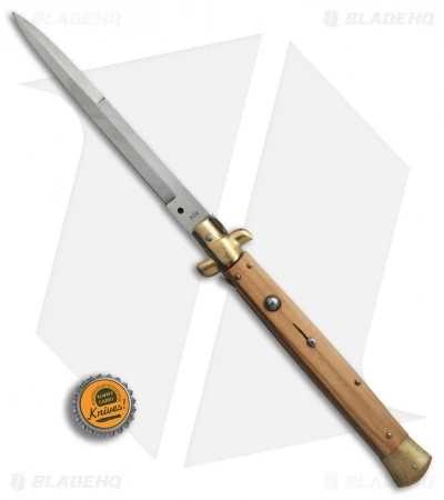 SKM AB 13" Italian Stiletto Automatic Knife Olive Wood Brass (5.7" Satin Bayo) - Image 4