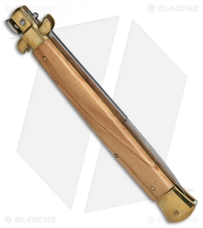 SKM AB 13" Italian Stiletto Automatic Knife Olive Wood Brass (5.7" Satin Bayo) - Image 2