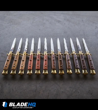 SKM AB 9" Italian Stiletto Automatic Knife Brass/Olive Wood (3.8" Satin Kriss) - Image 4